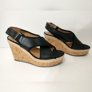 Franco Sarto Gallard Leather Cork Wedge Heel Sandals Black Size 8